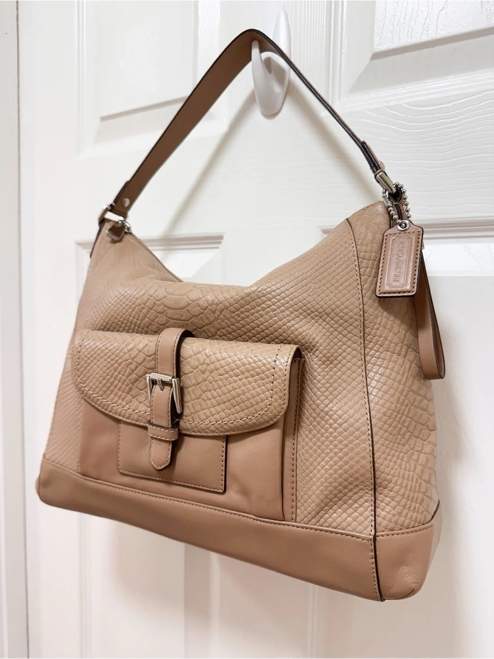 Coach Charlie Large Structured Hobo Mushroom Beige Python Leather NWT